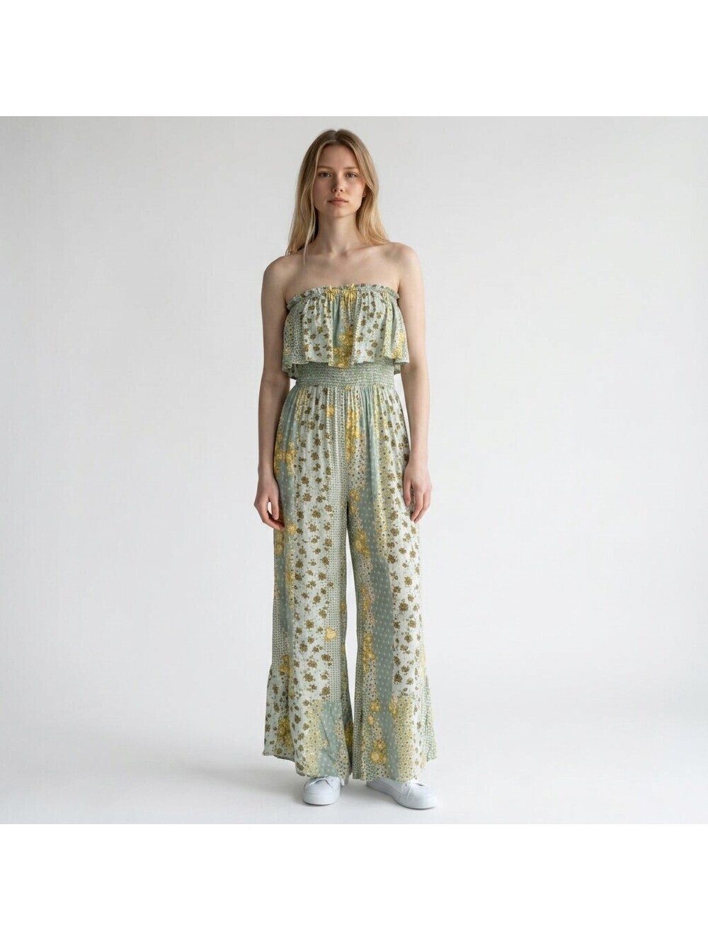 ILLA ILLA Jumpsuit Women L Large Gray Floral Strapless Wide Leg Stretch Casual